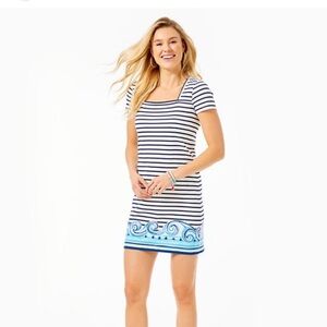 Lilly Pulitzer Rex T Shirt Dress, Striped Navy & White Short Sleeve, Size L.